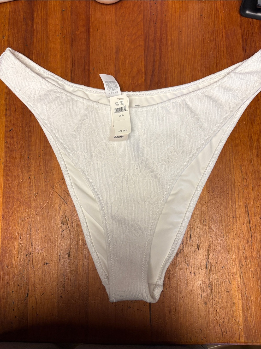 aerie White Textured Shell High-Cut Bikini Bottoms Lined XL
